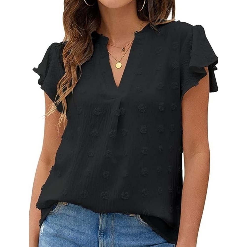 XPYIFF Ruffle Sleeve Pom pom loose fit top Black Size M